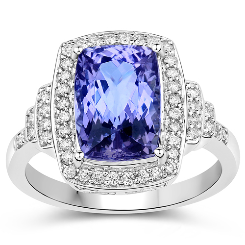 4.31 Carat Genuine Tanzanite and White Diamond 14K White Gold Ring