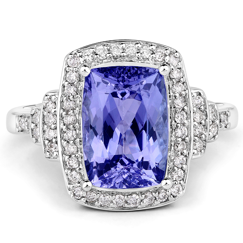 4.31 Carat Genuine Tanzanite and White Diamond 14K White Gold Ring