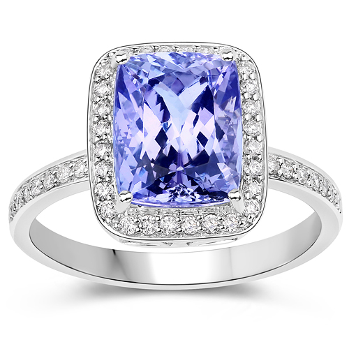 3.84 Carat Genuine Tanzanite and White Diamond 14K White Gold Ring