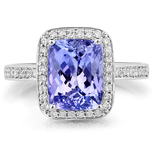 3.84 Carat Genuine Tanzanite and White Diamond 14K White Gold Ring