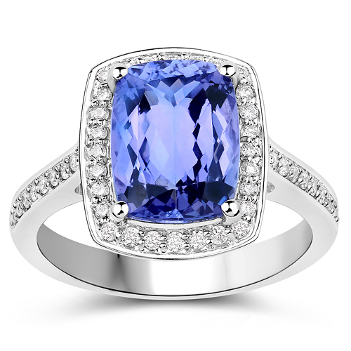 3.97 Carat Genuine Tanzanite and White Diamond 14K White Gold Ring