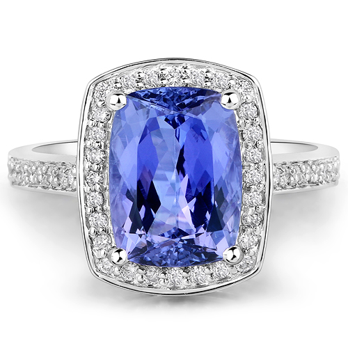 3.97 Carat Genuine Tanzanite and White Diamond 14K White Gold Ring