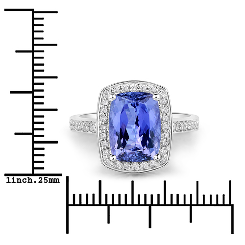 3.97 Carat Genuine Tanzanite and White Diamond 14K White Gold Ring