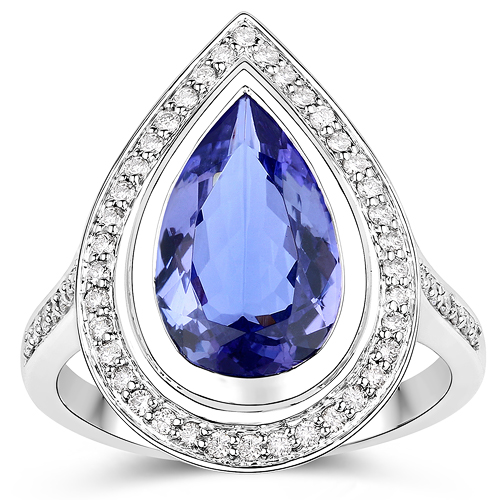 3.90 Carat Genuine Tanzanite and White Diamond 14K White Gold Ring