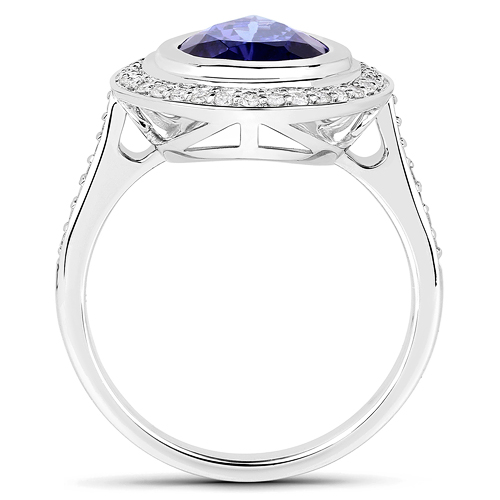 3.90 Carat Genuine Tanzanite and White Diamond 14K White Gold Ring