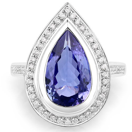 3.90 Carat Genuine Tanzanite and White Diamond 14K White Gold Ring