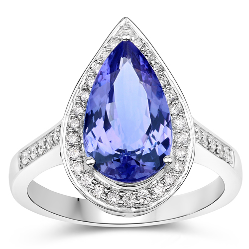 3.39 Carat Genuine Tanzanite and White Diamond 14K White Gold Ring