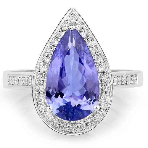3.39 Carat Genuine Tanzanite and White Diamond 14K White Gold Ring