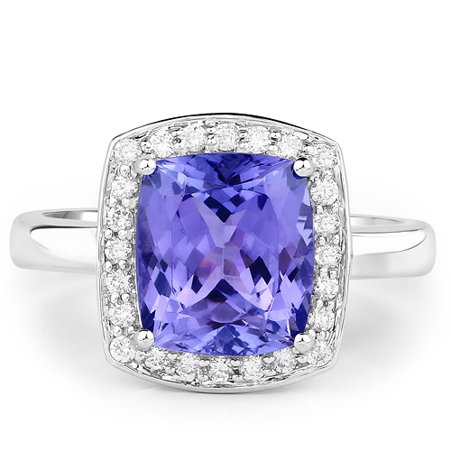 3.89 Carat Genuine Tanzanite and White Diamond 14K White Gold Ring