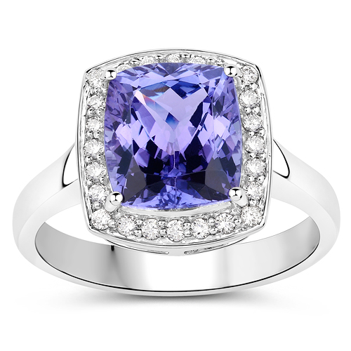 3.89 Carat Genuine Tanzanite and White Diamond 14K White Gold Ring
