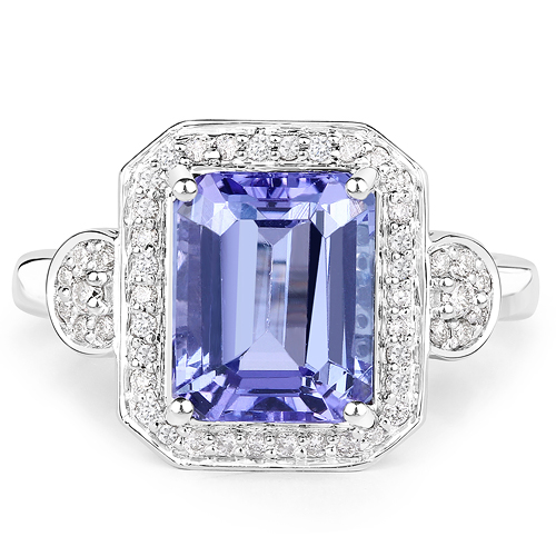 3.95 Carat Genuine Tanzanite and White Diamond 14K White Gold Ring