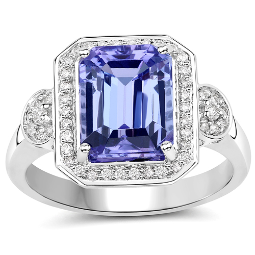 3.95 Carat Genuine Tanzanite and White Diamond 14K White Gold Ring