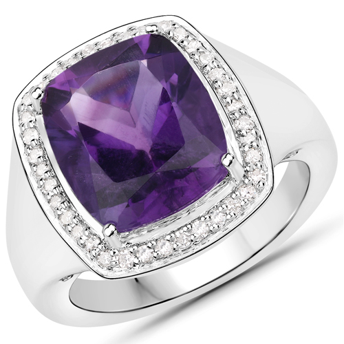 Amethyst-4.45 Carat Genuine Amethyst and White Diamond .925 Sterling Silver Ring