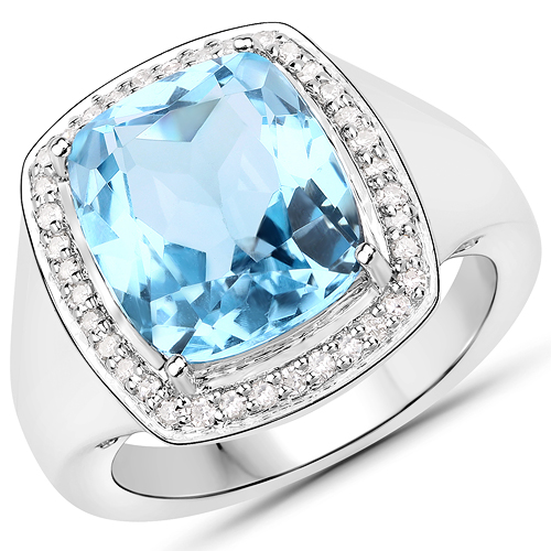 Rings-5.25 Carat Genuine Blue Topaz and White Diamond .925 Sterling Silver Ring