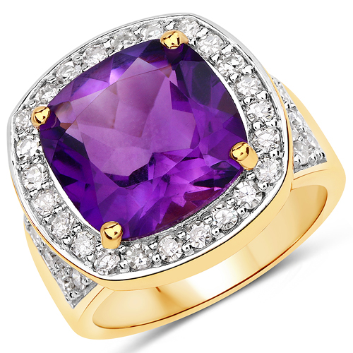 Amethyst-6.80 Carat Genuine Amethyst and White Diamond .925 Sterling Silver Ring