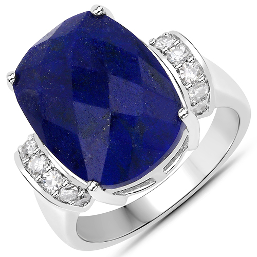 Rings-9.35 Carat Genuine Lapis and White Diamond .925 Sterling Silver Ring