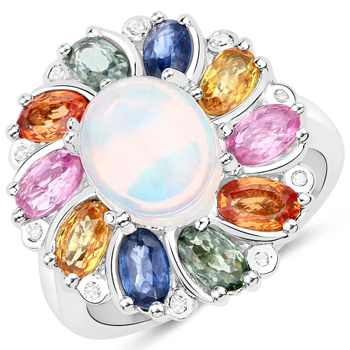 Opal-3.92 Carat Genuine Ethiopian Opal, Multi Sapphire and White Diamond .925 Sterling Silver Ring