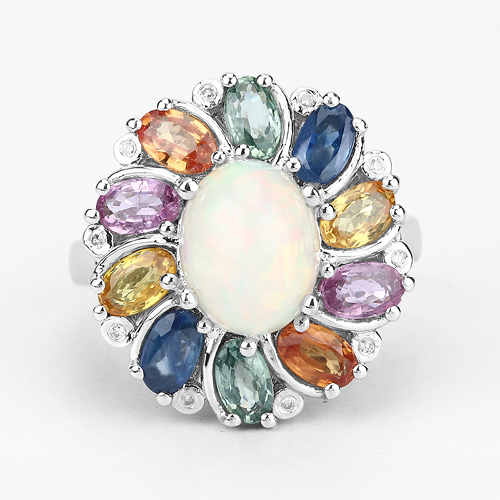 3.92 Carat Genuine Ethiopian Opal, Multi Sapphire and White Diamond .925 Sterling Silver Ring