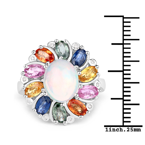 3.92 Carat Genuine Ethiopian Opal, Multi Sapphire and White Diamond .925 Sterling Silver Ring