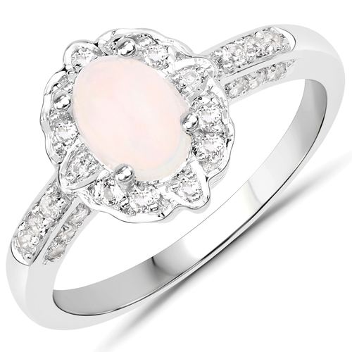 Opal-0.90 Carat Genuine Ethiopian Opal and White Topaz .925 Sterling Silver Ring
