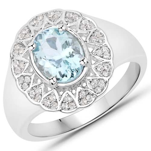 Rings-1.17 Carat Genuine Aquamarine and White Topaz .925 Sterling Silver Ring