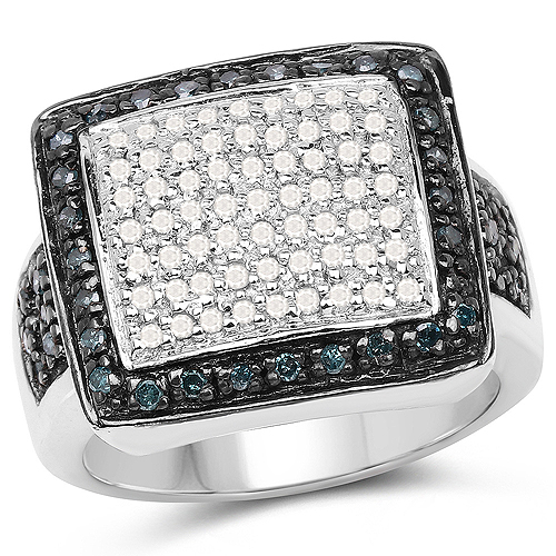 Diamond-0.61 Carat Genuine Blue Diamond and White Diamond .925 Sterling Silver Ring