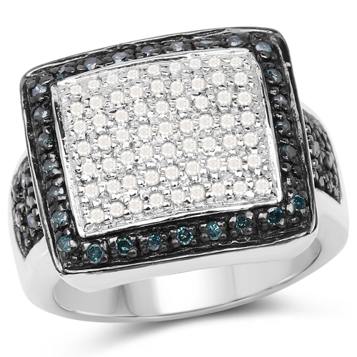 Diamond-0.64 Carat Genuine White Diamond and Blue Diamond .925 Sterling Silver Ring