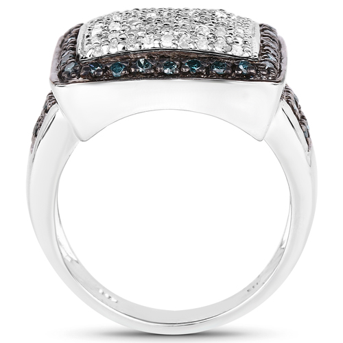 0.64 Carat Genuine White Diamond and Blue Diamond .925 Sterling Silver Ring