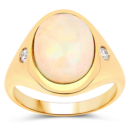 3.03 Carat Genuine Ethiopian Opal and White Diamond 14K Yellow Gold Ring
