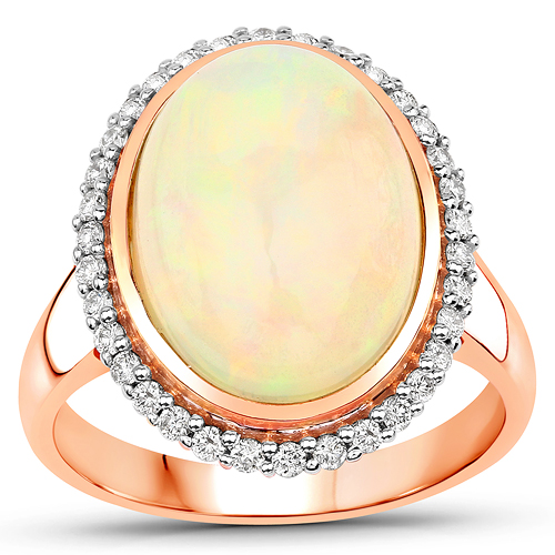 5.08 Carat Genuine Ethiopian Opal and White Diamond 14K Rose Gold Ring