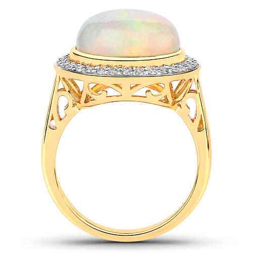 7.16 Carat Genuine Ethiopian Opal and White Diamond 14K Yellow Gold Ring