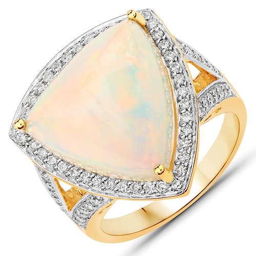 Opal-9.26 Carat Genuine Ethiopian Opal and White Diamond 14K Yellow Gold Ring