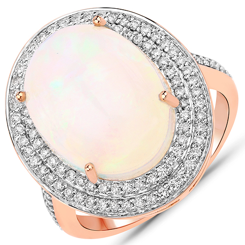 Opal-6.65 Carat Genuine Ethiopian Opal and White Diamond 14K Rose Gold Ring