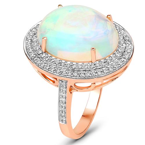 6.65 Carat Genuine Ethiopian Opal and White Diamond 14K Rose Gold Ring