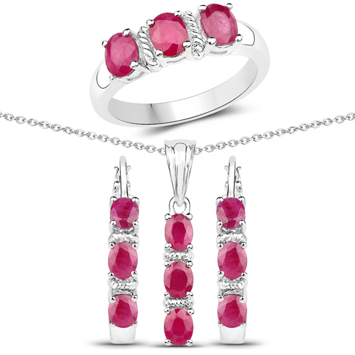 Ruby-3.60 Carat Genuine Ruby .925 Sterling Silver 3 Piece Jewelry Set (Ring, Earrings, and Pendant w/ Chain)