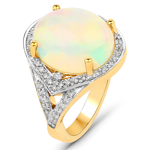 6.10 Carat Genuine Ethiopian Opal and White Diamond 14K Yellow Gold Ring