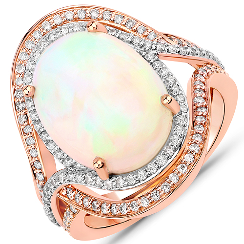 Opal-5.78 Carat Genuine Ethiopian Opal and White Diamond 14K Rose Gold Ring