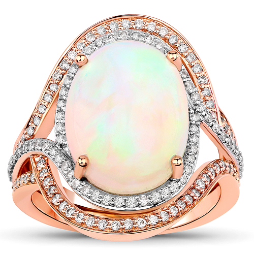 5.78 Carat Genuine Ethiopian Opal and White Diamond 14K Rose Gold Ring