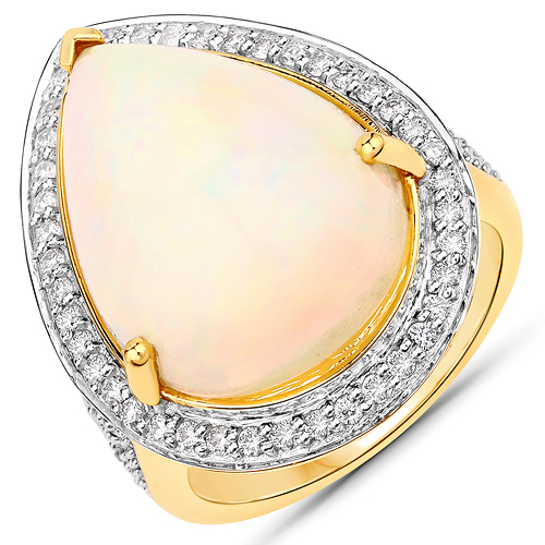 Opal-7.66 Carat Genuine Ethiopian Opal and White Diamond 14K Yellow Gold Ring