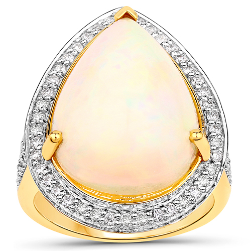 7.66 Carat Genuine Ethiopian Opal and White Diamond 14K Yellow Gold Ring