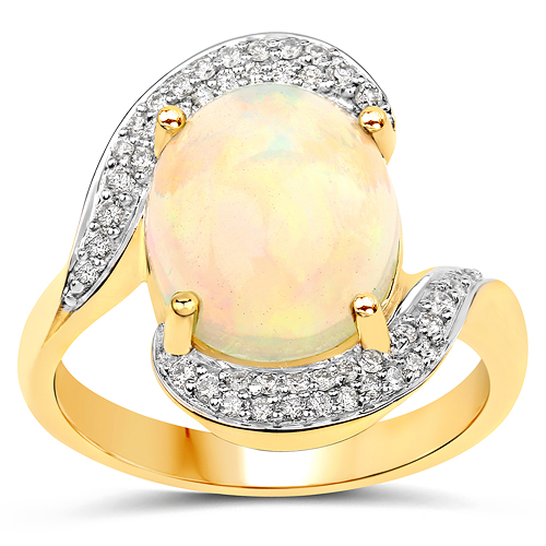 3.15 Carat Genuine Ethiopian Opal and White Diamond 14K Yellow Gold Ring