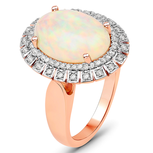 3.57 Carat Genuine Ethiopian Opal and White Diamond 14K Rose Gold Ring