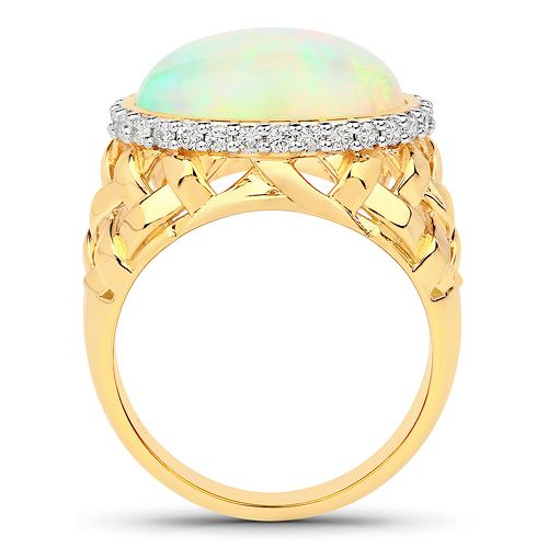 5.41 Carat Genuine Ethiopian Opal and White Diamond 14K Yellow Gold Ring