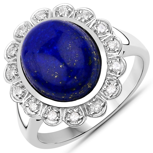 Rings-5.65 Carat Genuine Lapis and White Diamond .925 Sterling Silver Ring