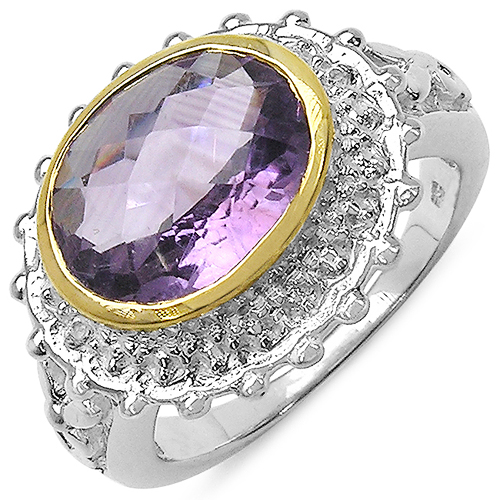 Amethyst-Two Tone Plated 4.36 Carat Genuine Amethyst & White Topaz .925 Sterling Silver Ring