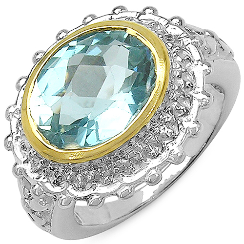 Rings-Two Tone Plated 5.01 Carat Genuine Blue Topaz & White Topaz .925 Sterling Silver Ring