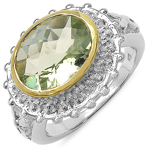 Amethyst-Two Tone Plated 4.16 Carat Genuine Green Amethyst & White Topaz .925 Sterling Silver Ring