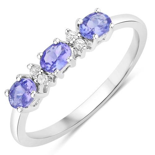 Tanzanite-0.59 Carat Genuine Tanzanite and Created White Sapphire .925 Sterling Silver Ring
