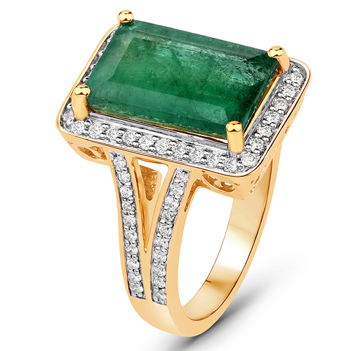 4.95 Carat Genuine Brazilian Emerald and White Diamond 14K Yellow Gold Ring