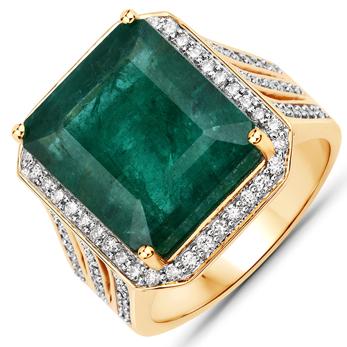Emerald-11.10 Carat Genuine Brazilian Emerald and White Diamond 14K Yellow Gold Ring